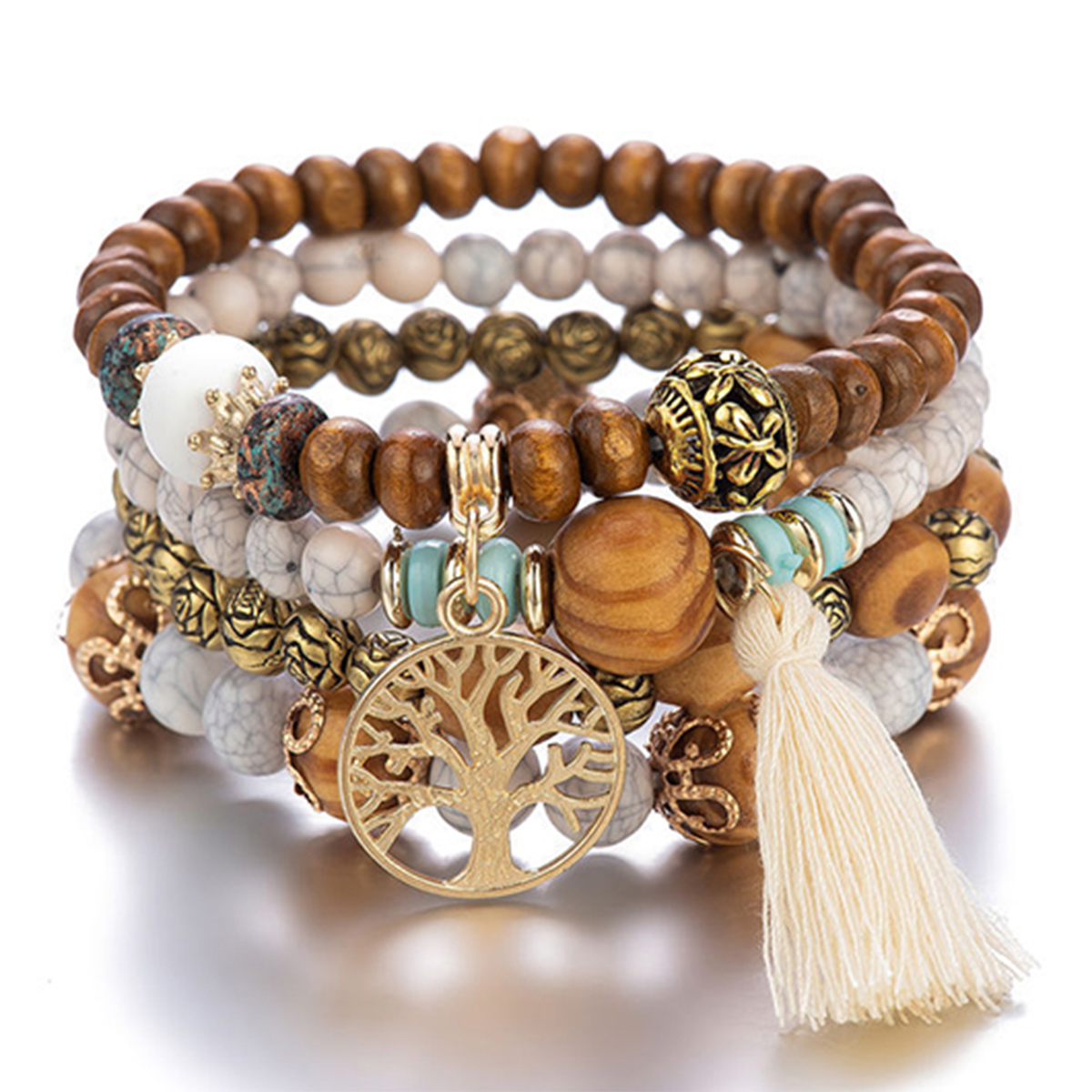 Geometric Beaded Dark Coffee Wood Bracelets | picture 