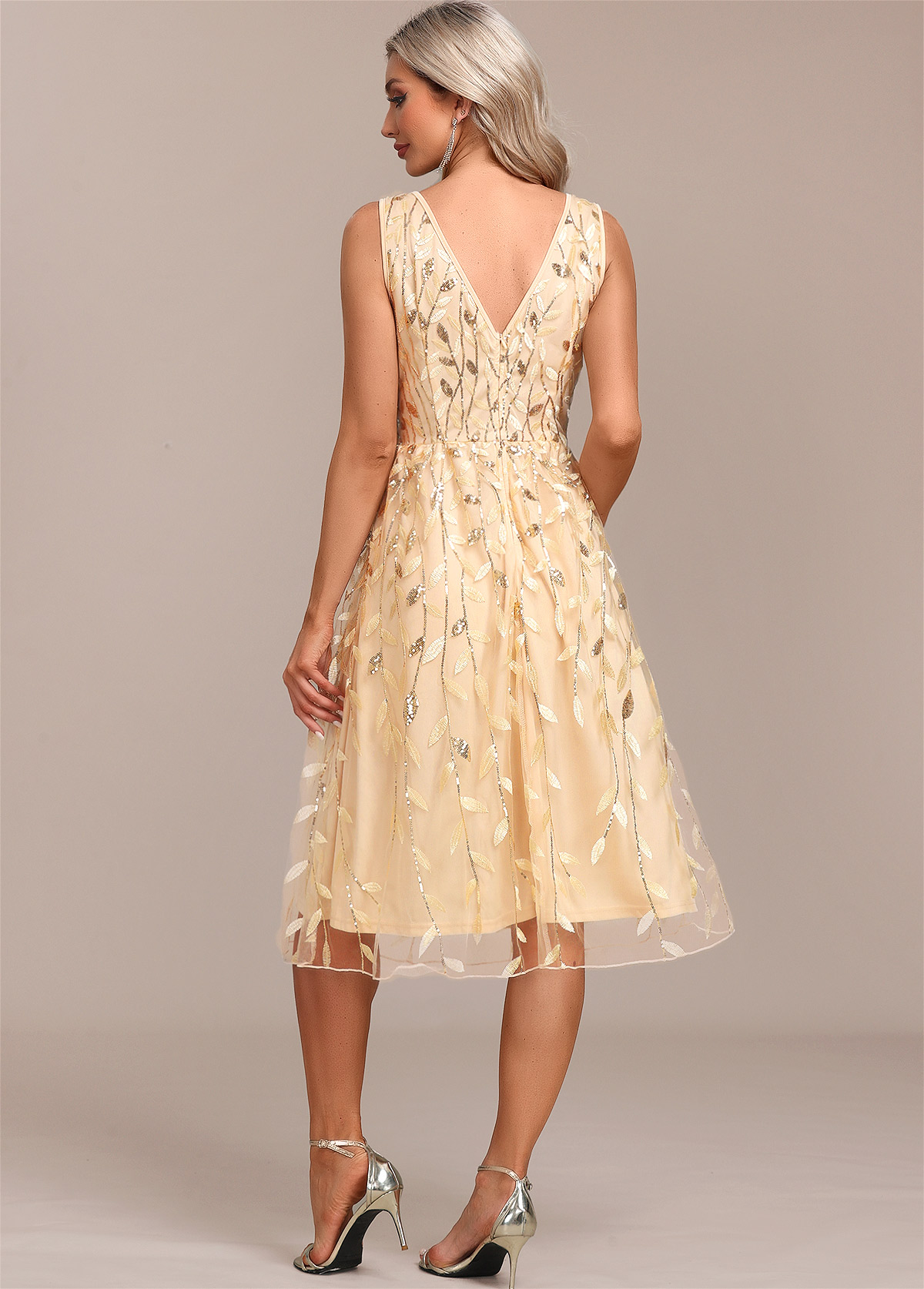 Champagne Embroidery Sleeveless V Neck Dress | picture 