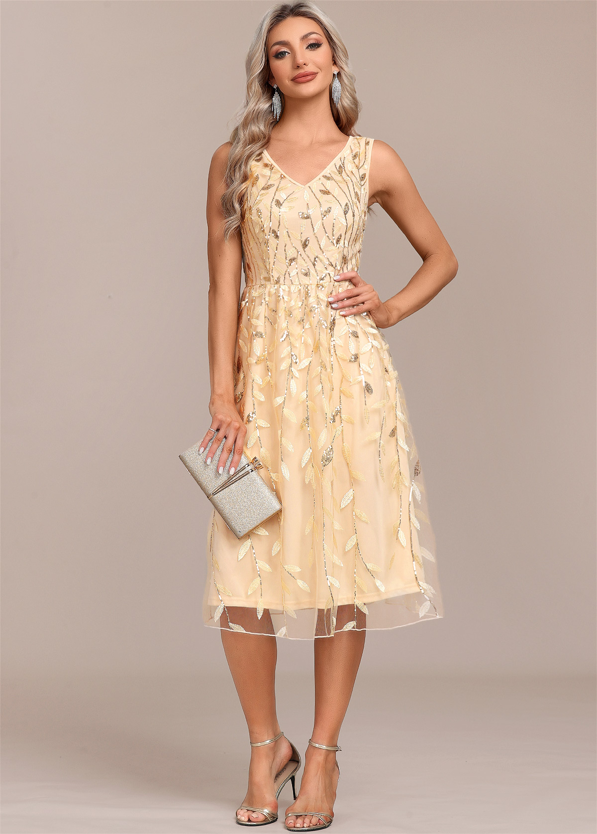 Champagne Embroidery Sleeveless V Neck Dress | picture 
