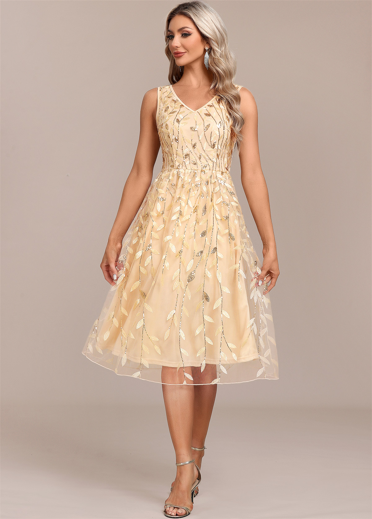 Champagne Embroidery Sleeveless V Neck Dress | picture 