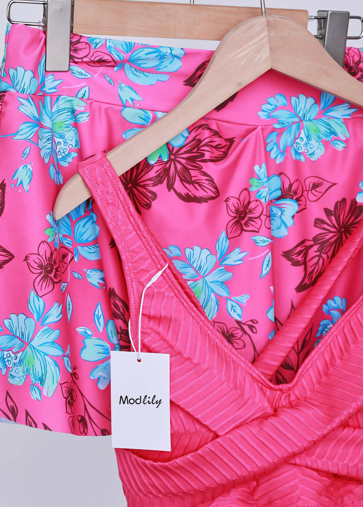 Criss Cross Floral Print Neon Rose Red Bikini Set | picture 