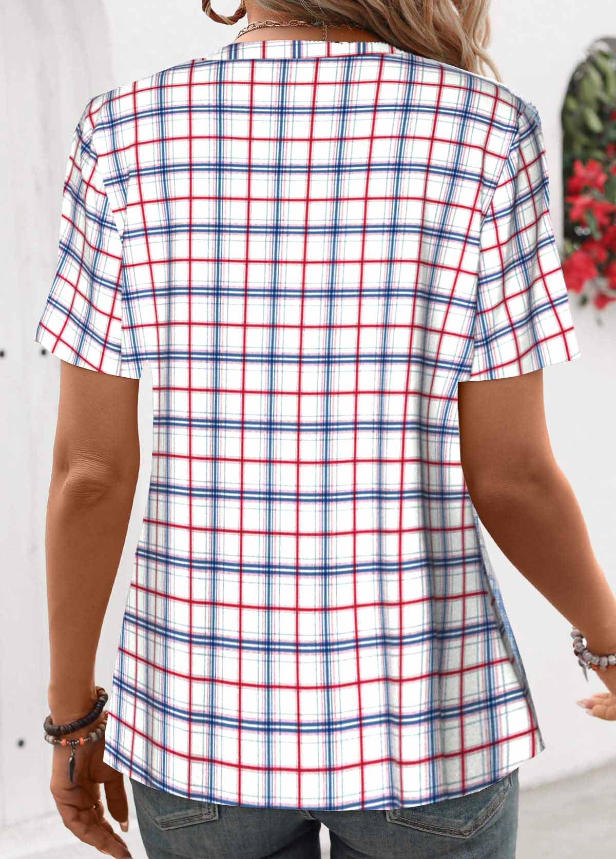 Blue Patchwork Plaid Short Sleeve Split Neck Shirt | picture 