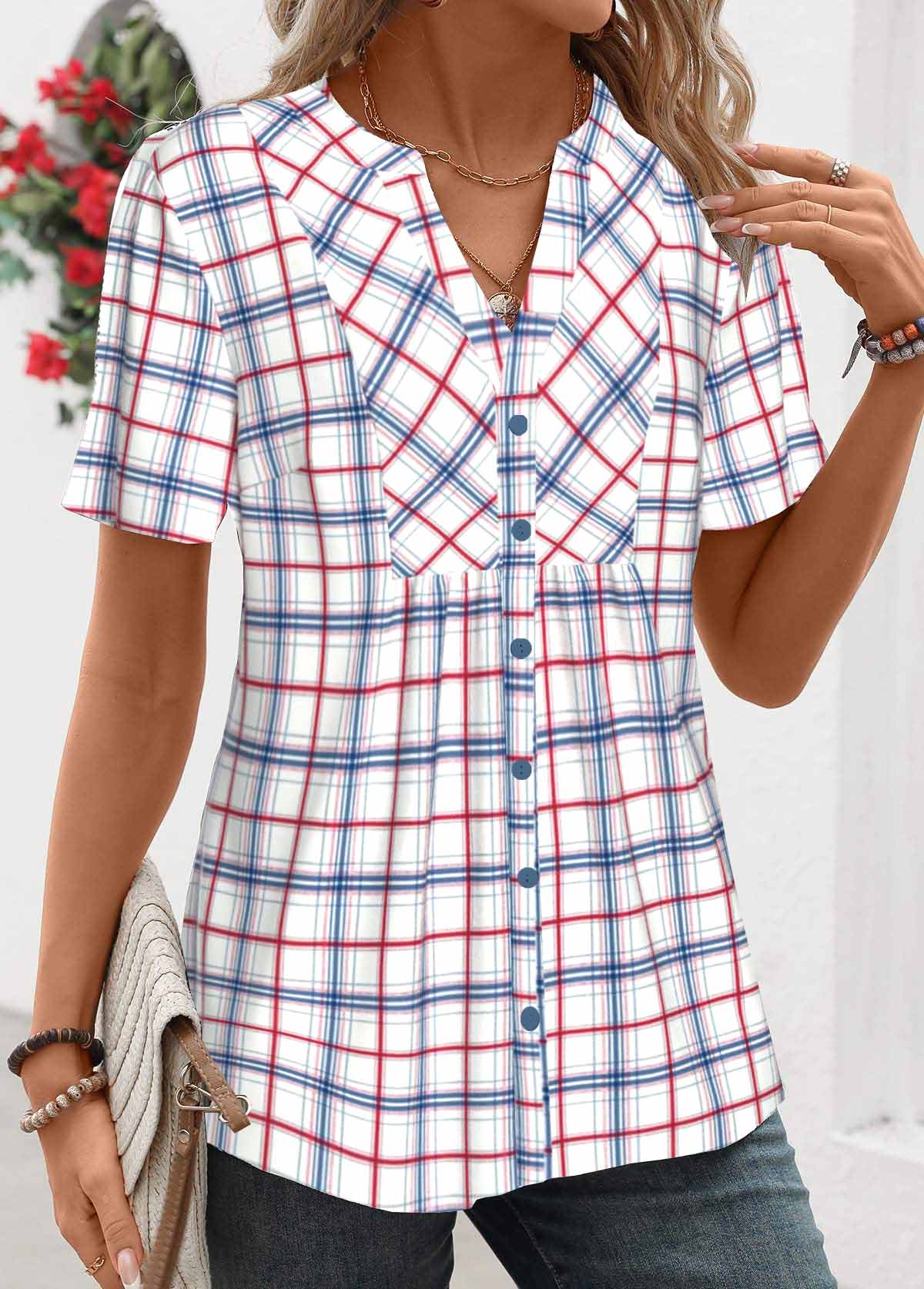 Blue Patchwork Plaid Short Sleeve Split Neck Shirt | picture 