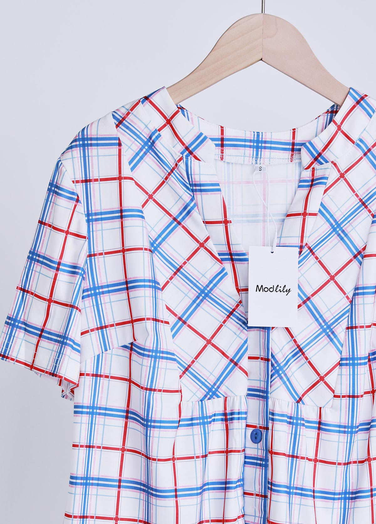 Blue Patchwork Plaid Short Sleeve Split Neck Shirt | picture 