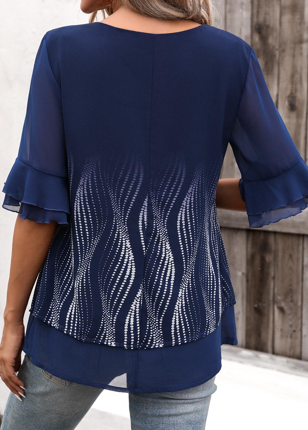 Navy Layered Ombre Half Sleeve Round Neck Blouse | picture 