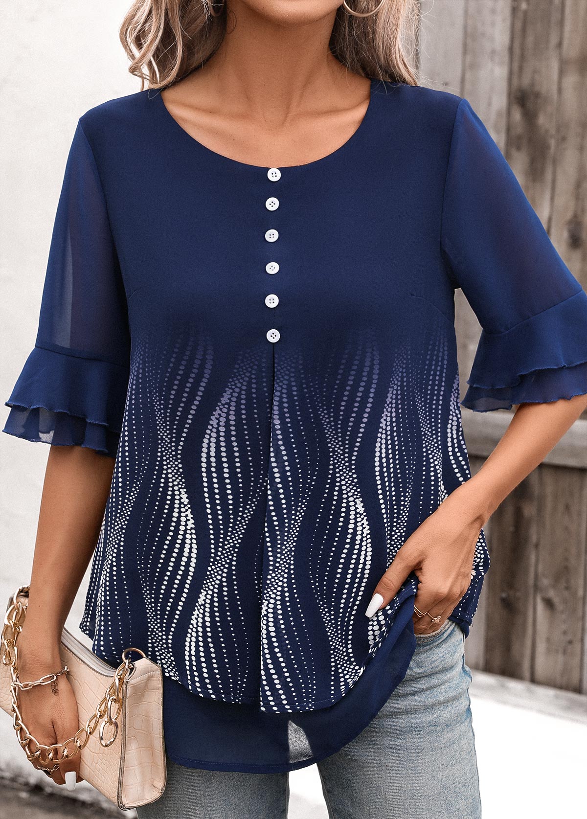 Navy Layered Ombre Half Sleeve Round Neck Blouse | picture 