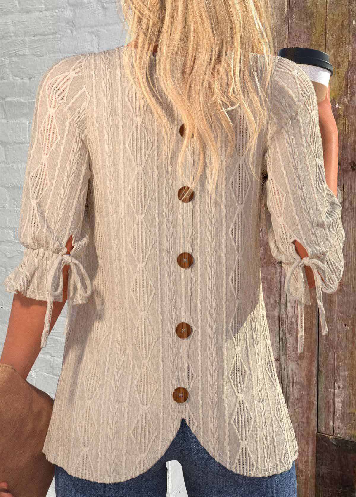 Light Camel Button 3/4 Sleeve Round Neck Blouse | picture 