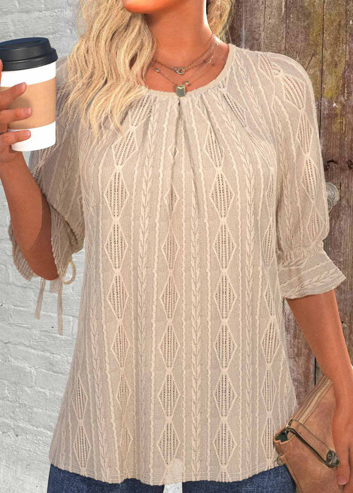 Light Camel Button 3/4 Sleeve Round Neck Blouse | picture 