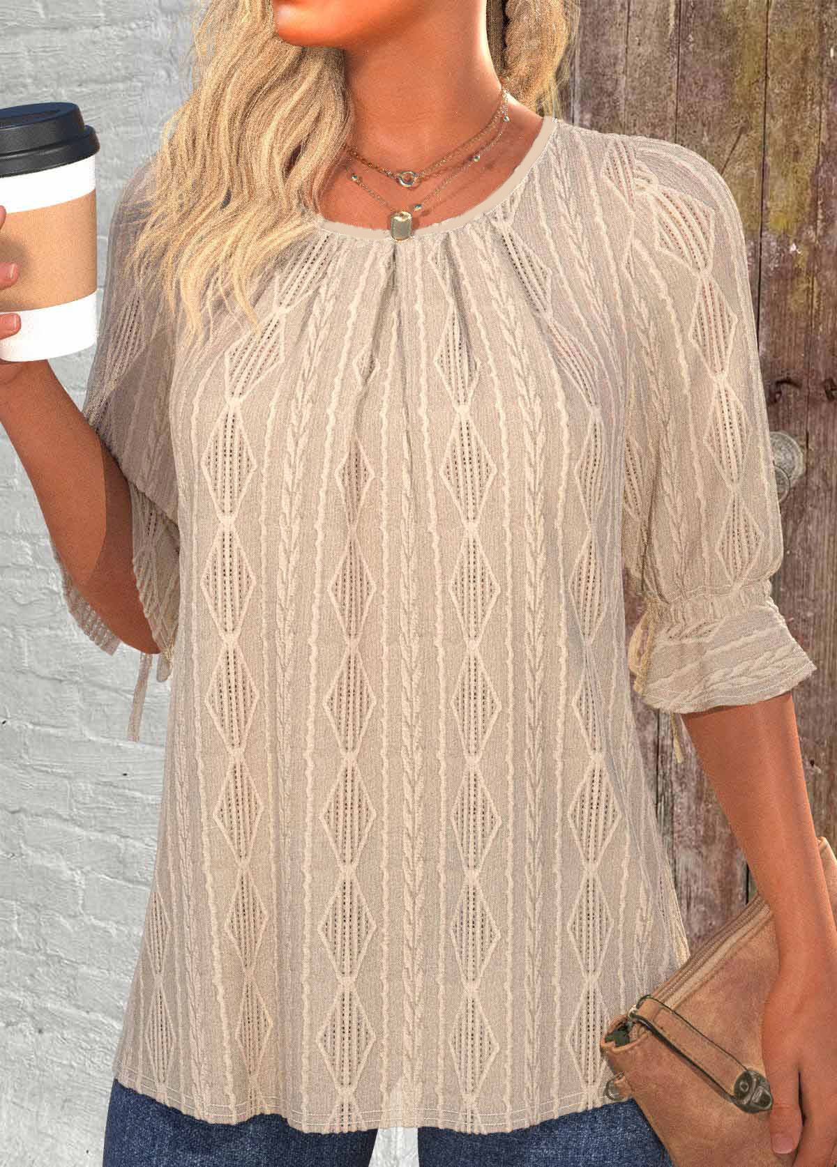 Light Camel Button 3/4 Sleeve Round Neck Blouse | picture 