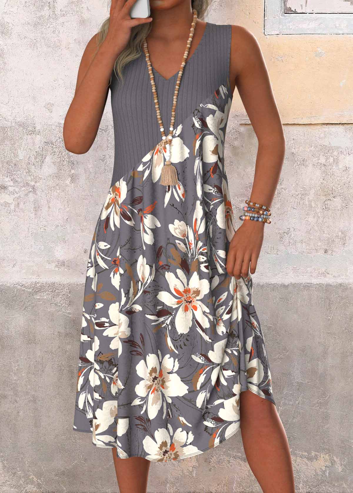 Dark Grey Patchwork Floral Print A Line Sleeveless Dress | picture 
