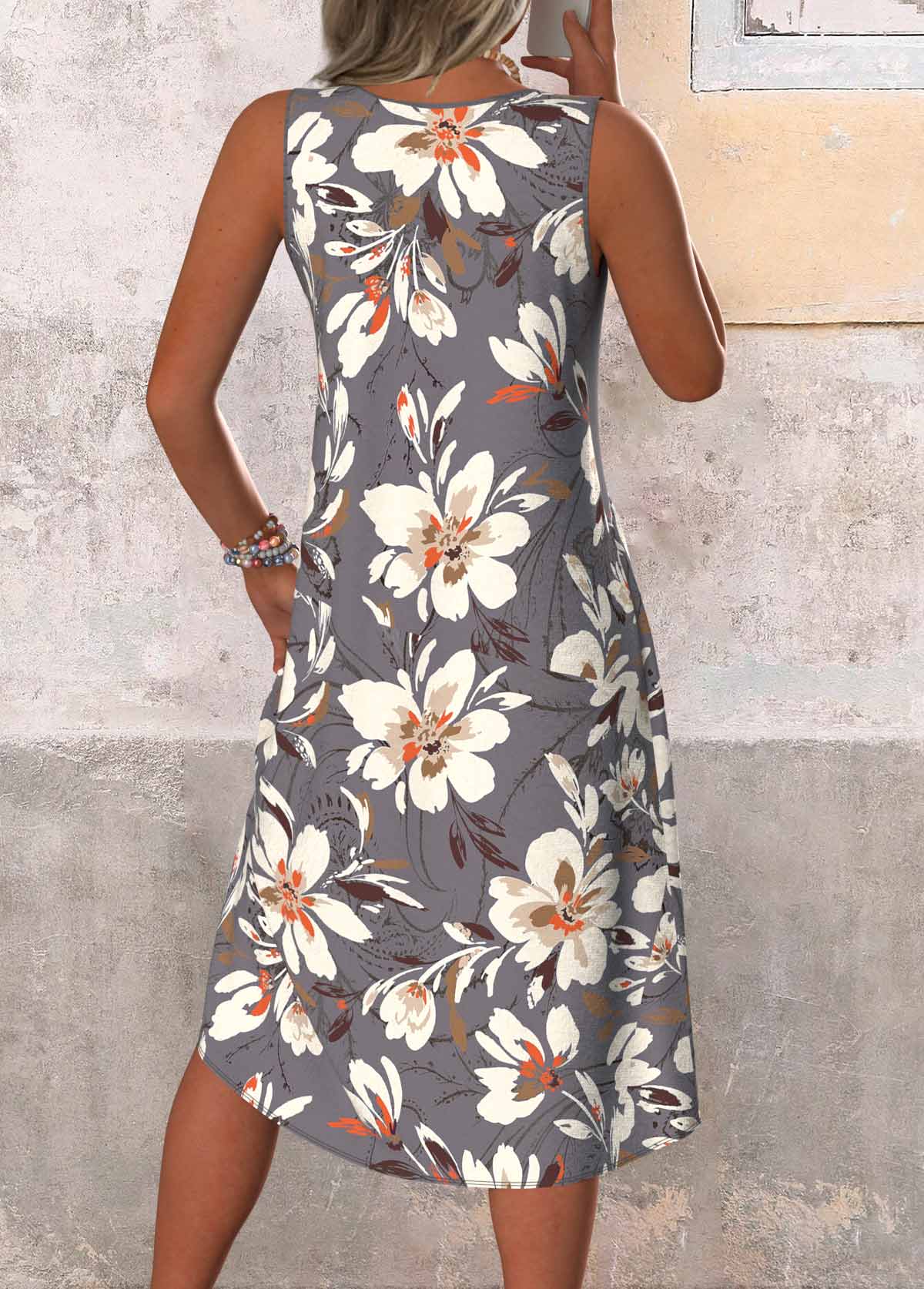 Dark Grey Patchwork Floral Print A Line Sleeveless Dress | picture 