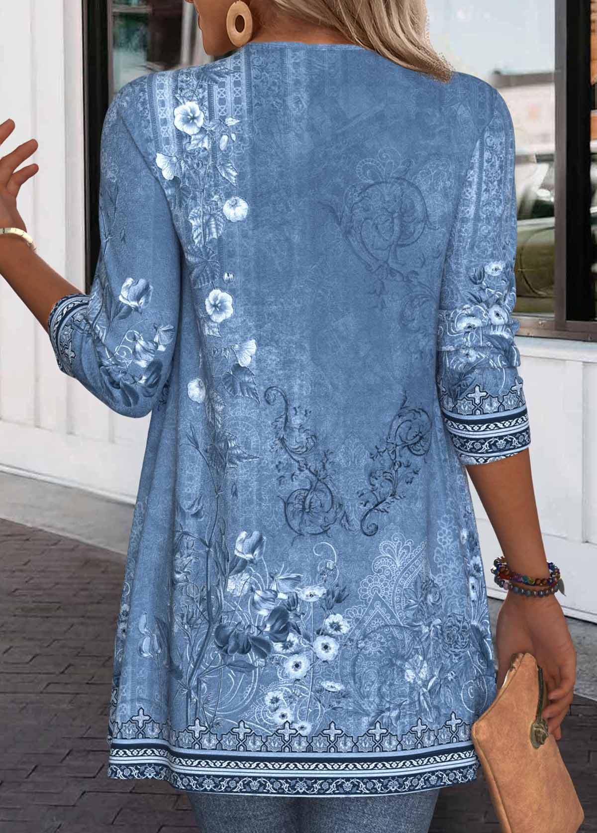 Plus Size Denim Blue Ruffle Floral Print Light Cardigan | picture 