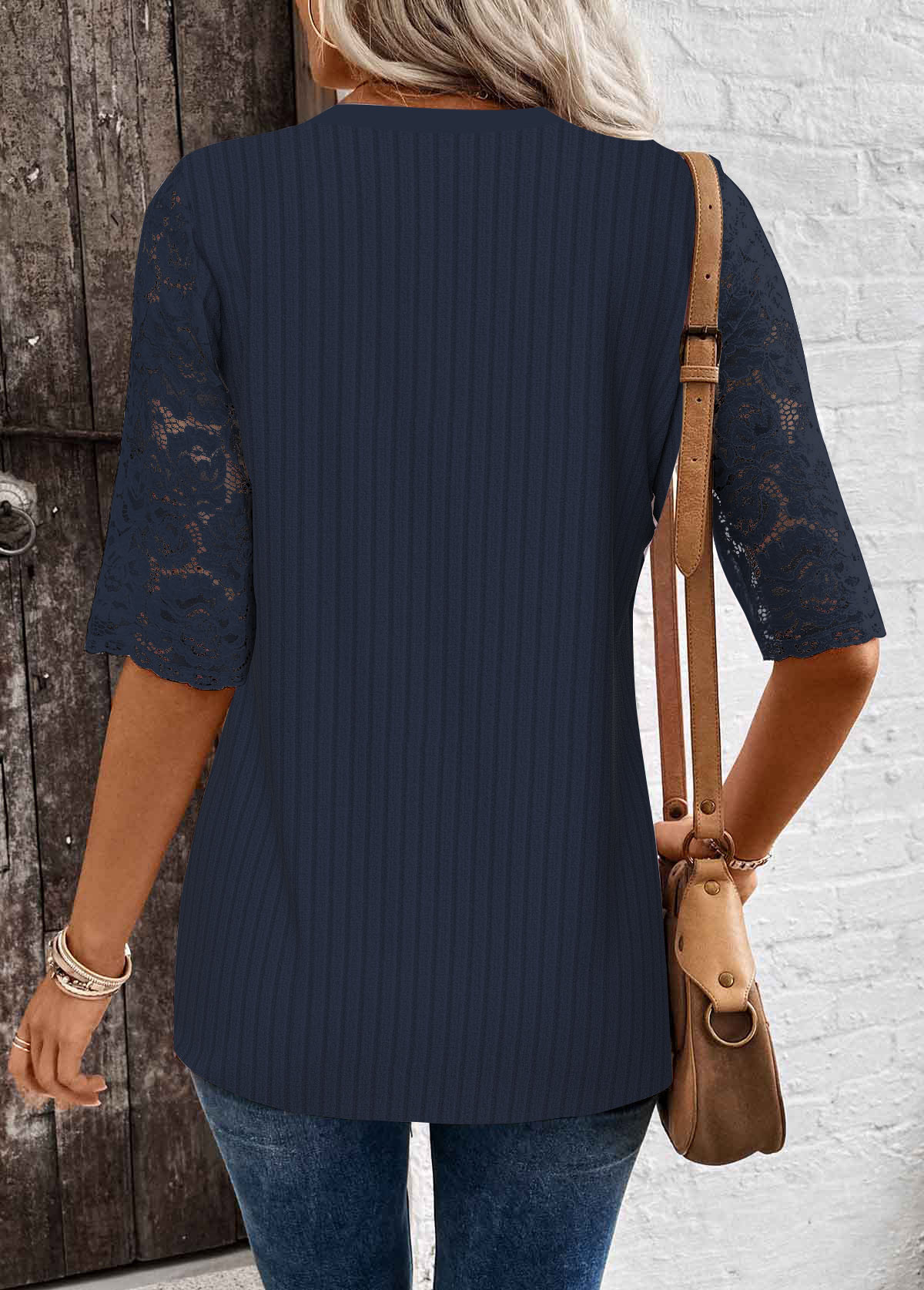 Navy Lace Half Sleeve Split Neck T Shirt | picture 