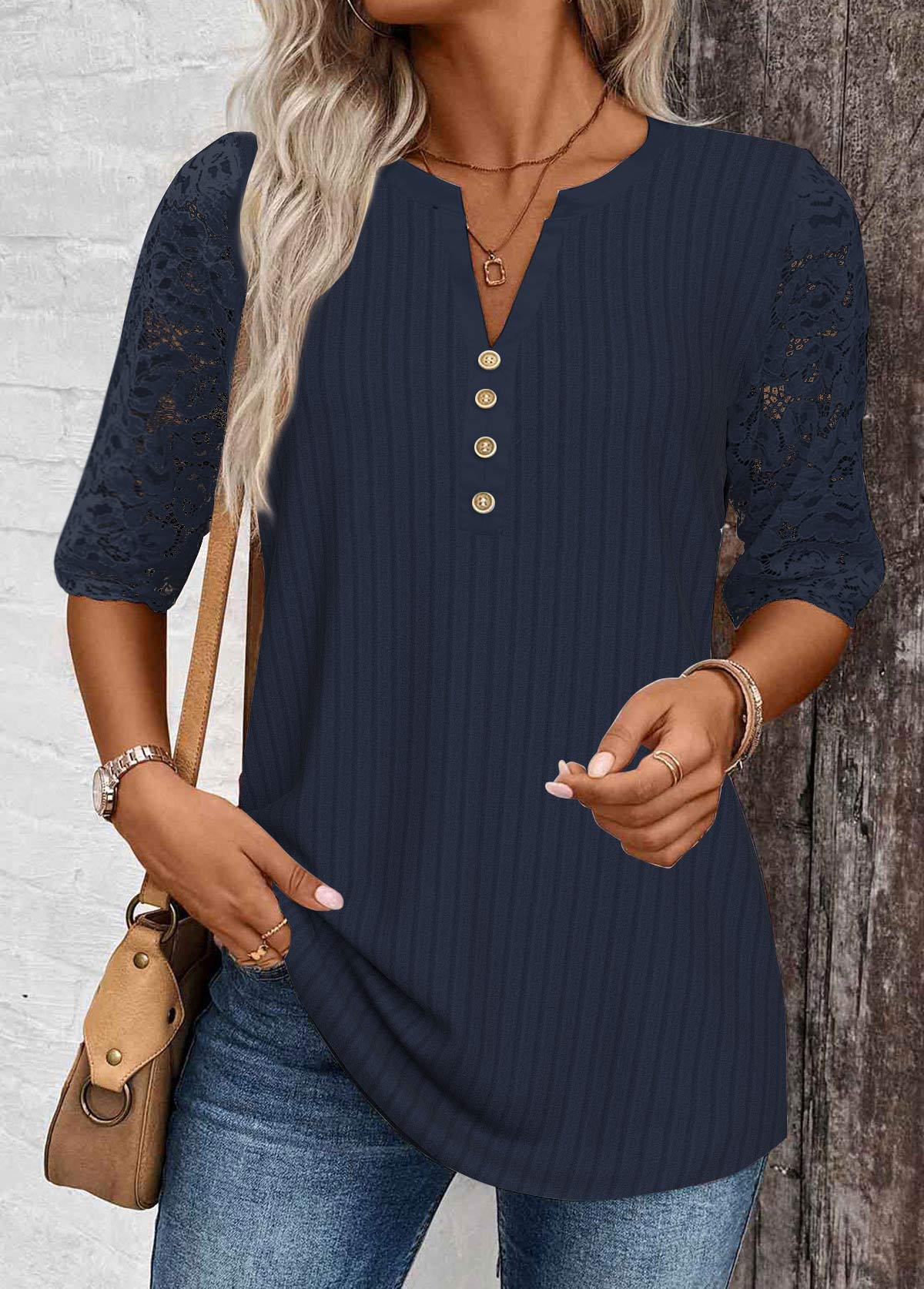 Navy Lace Half Sleeve Split Neck T Shirt | picture 
