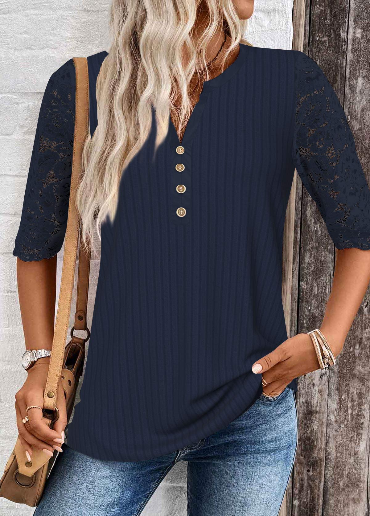 Navy Lace Half Sleeve Split Neck T Shirt | picture 