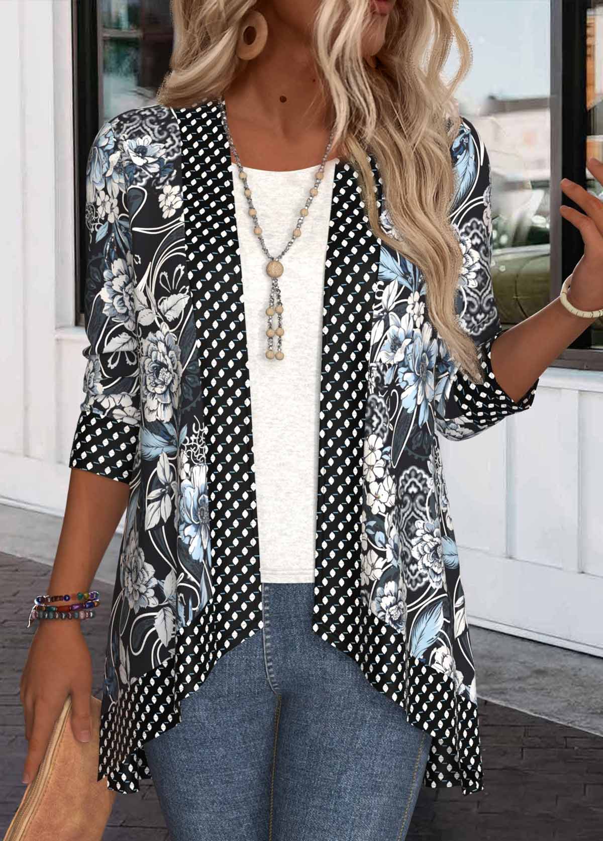 Black Patchwork Random Floral Print Long Sleeve Light Cardigan | picture 