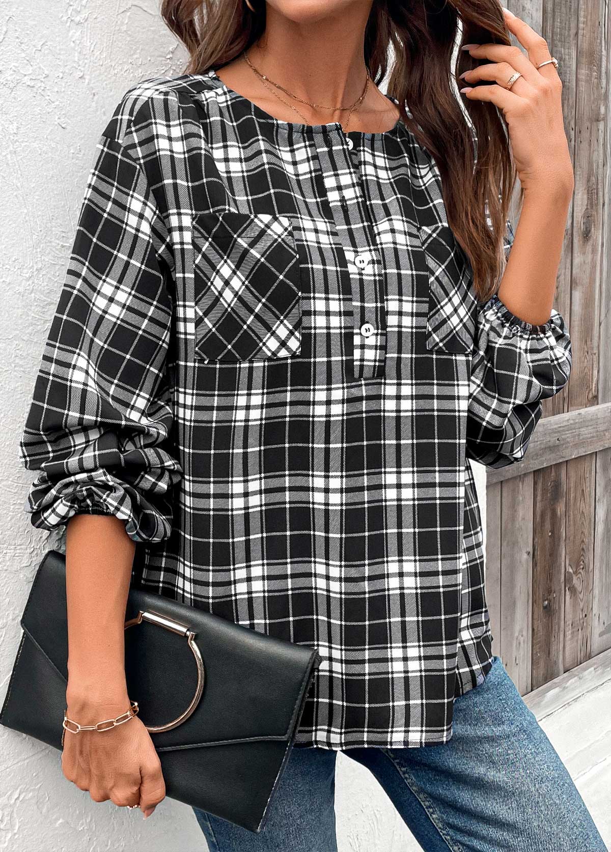 Black Button Plaid Long Sleeve Round Neck Blouse | picture 