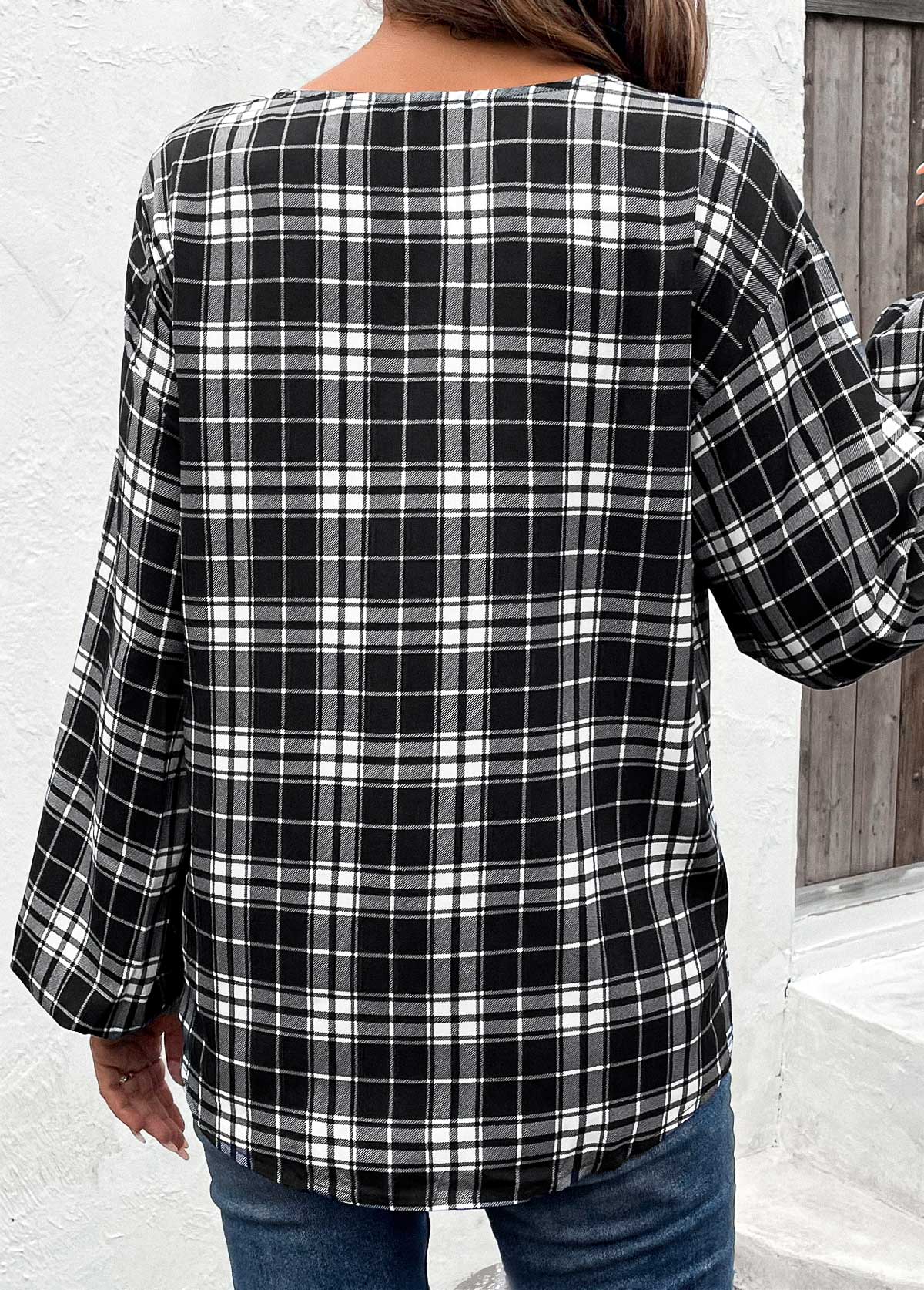 Black Button Plaid Long Sleeve Round Neck Blouse | picture 