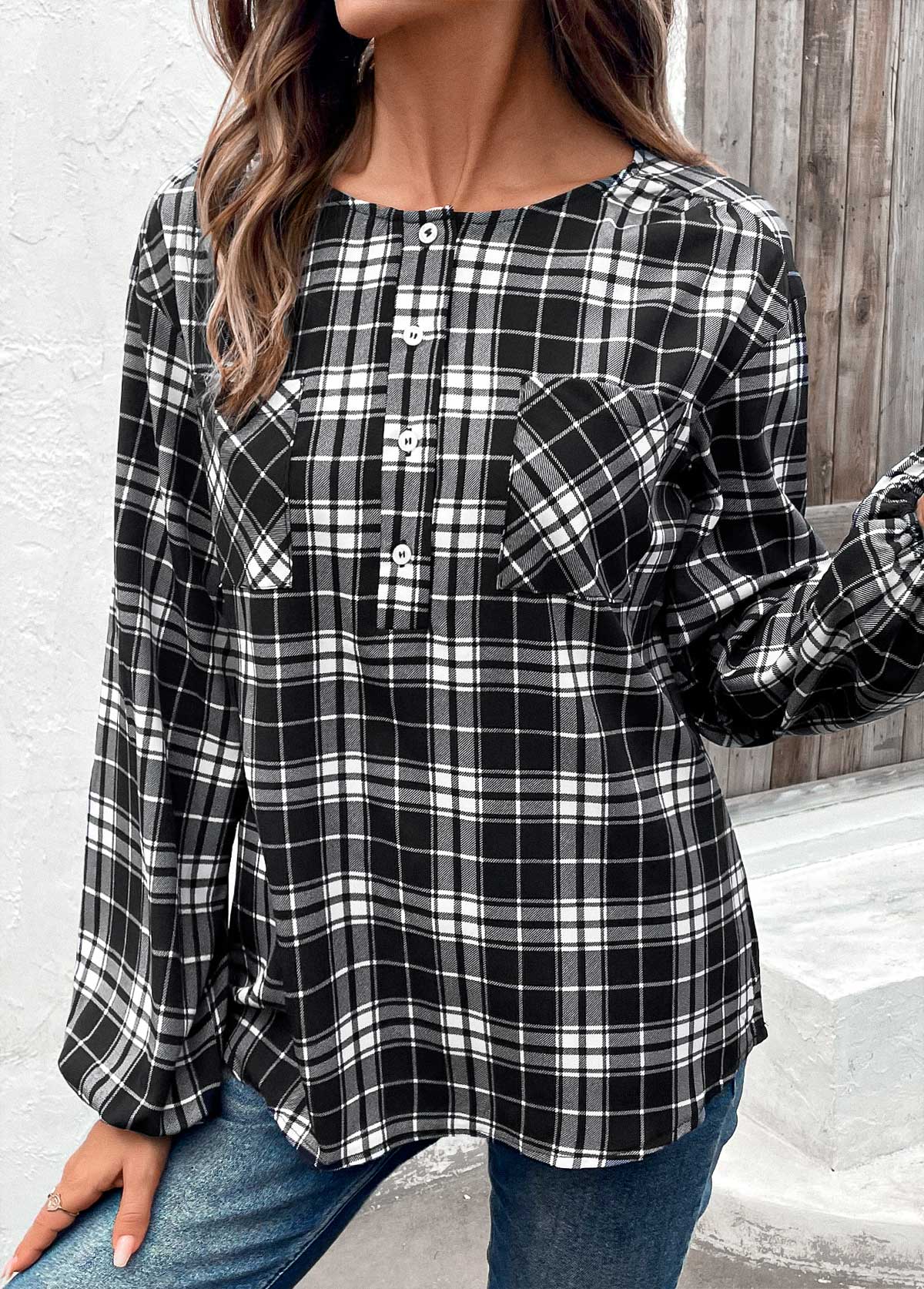 Black Button Plaid Long Sleeve Round Neck Blouse | picture 