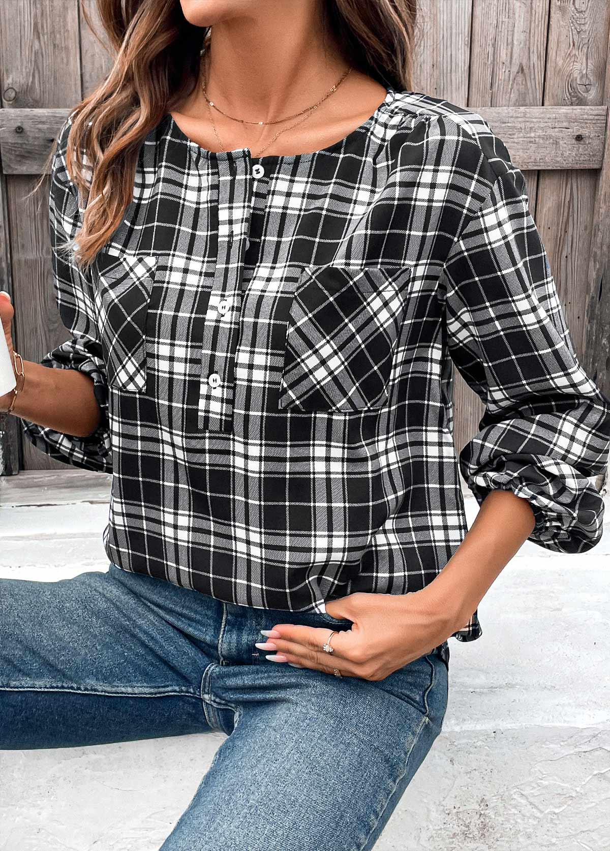 Black Button Plaid Long Sleeve Round Neck Blouse | picture 