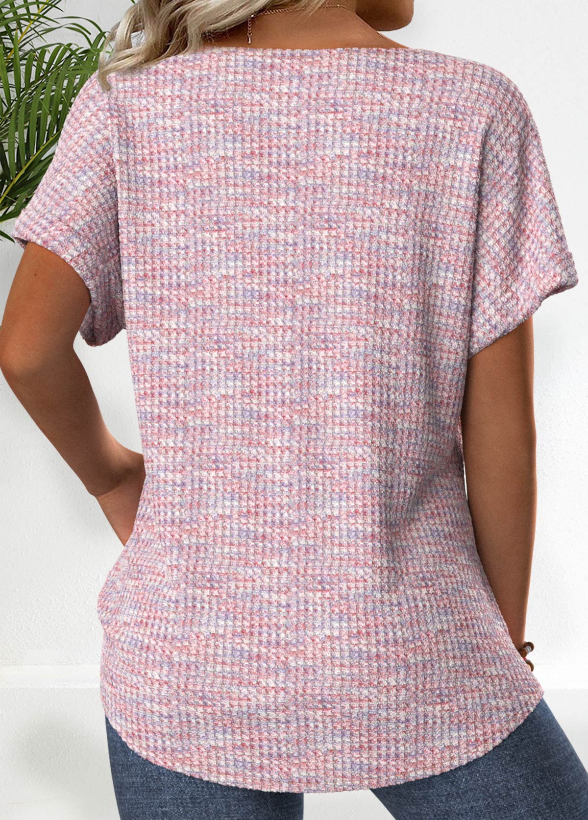 Pink Embroidery Short Sleeve V Neck T Shirt | picture 