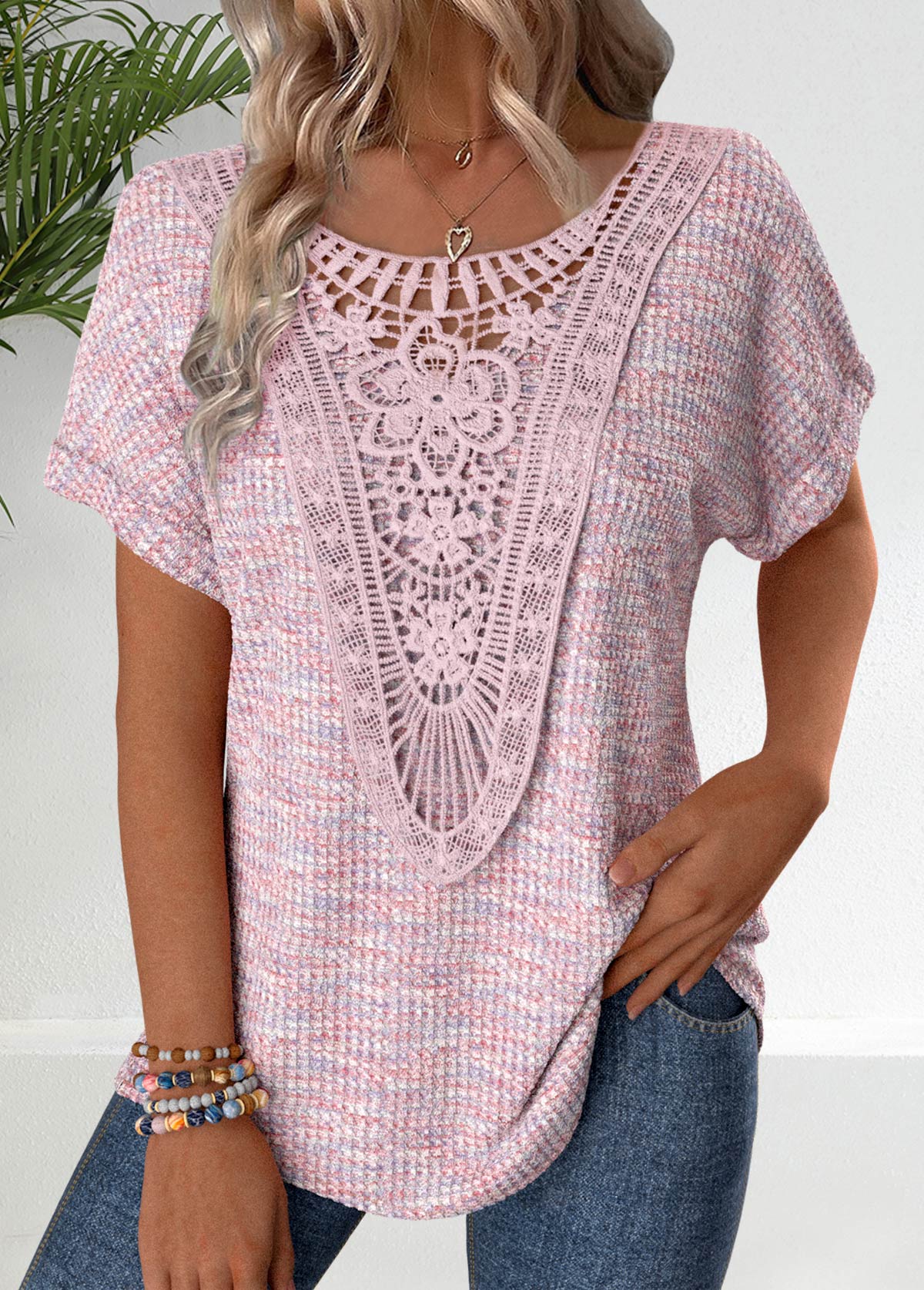 Pink Embroidery Short Sleeve V Neck T Shirt | picture 