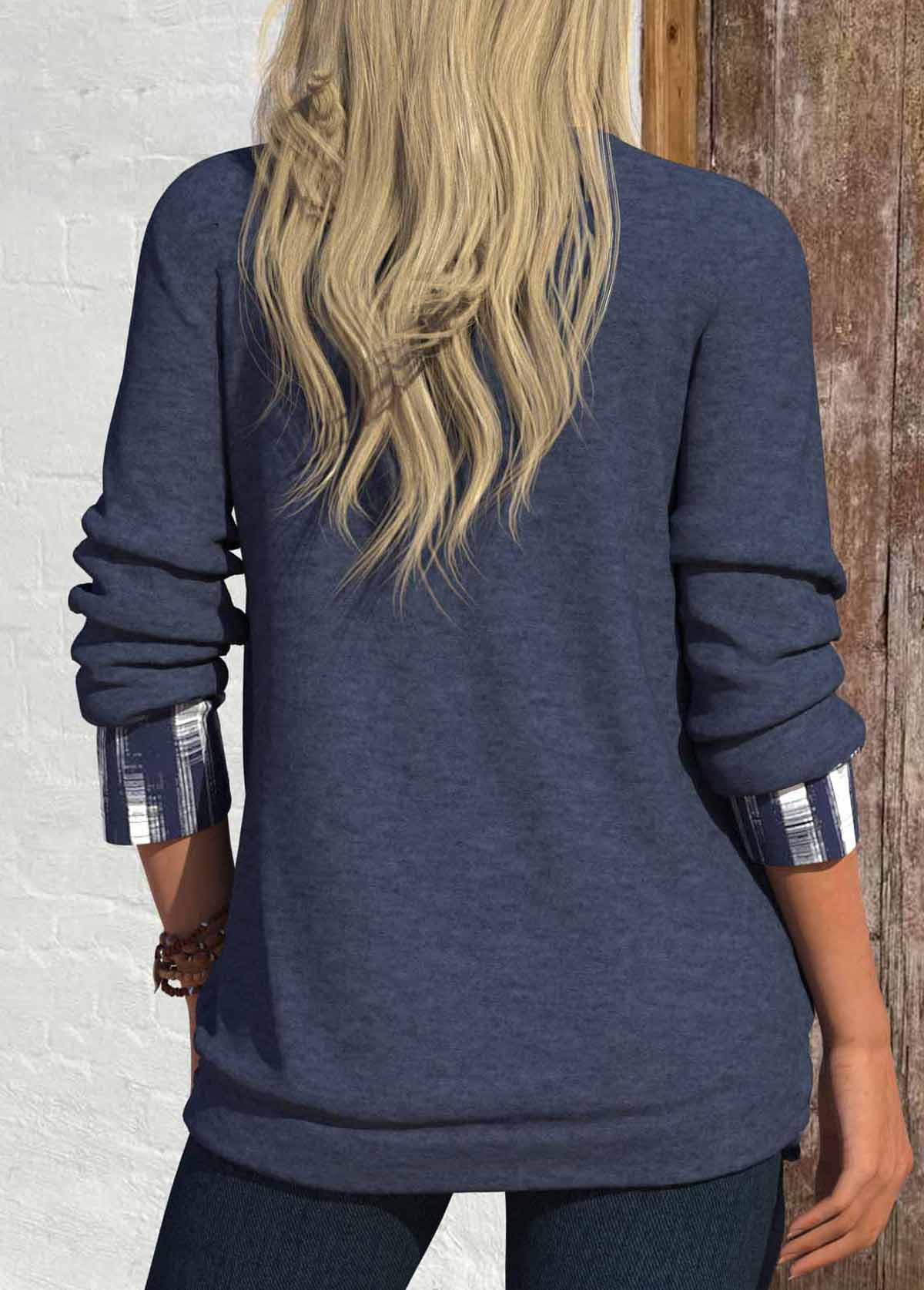 Navy Fake 2in1 Geometric Print Long Sleeve T Shirt | picture 