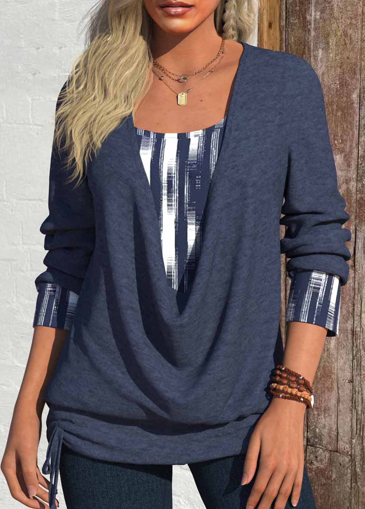 Navy Fake 2in1 Geometric Print Long Sleeve T Shirt | picture 