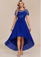 Sapphire Blue Belted Lace Patchwork Maxi Dress
