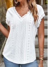 White Lace Short Sleeve V Neck T Shirt