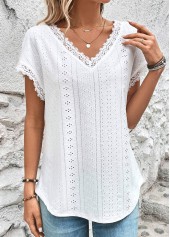 White Lace Short Sleeve V Neck T Shirt | thumb picture 