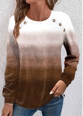 Dark Camel Button Ombre Long Sleeve T Shirt