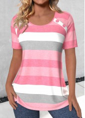 Light Pink Button Striped Short Sleeve T Shirt