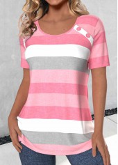 Light Pink Button Striped Short Sleeve T Shirt | thumb picture 
