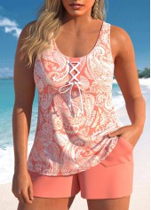 Lace Up Paisley Print Dusty Pink Tankini Set