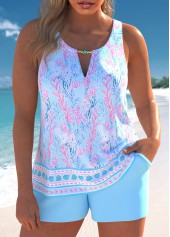 Cut Out Floral Print Light Blue Tankini Set