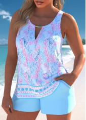 Cut Out Floral Print Light Blue Tankini Set | thumb picture 
