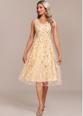 Champagne Embroidery Sleeveless V Neck Dress