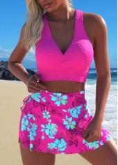 Criss Cross Floral Print Neon Rose Red Bikini Set | thumb picture 