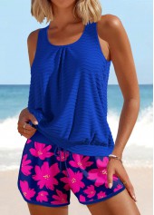 Patchwork Floral Print Royal Blue Tankini Set