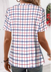 Blue Patchwork Plaid Short Sleeve Split Neck Shirt | thumb picture 