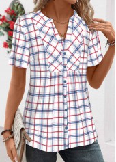 Blue Patchwork Plaid Short Sleeve Split Neck Shirt | thumb picture 