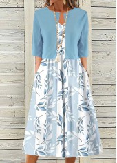 Light Blue Two Piece Leaf Print Dress and Cardigan