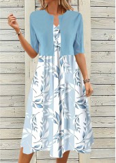 Light Blue Two Piece Leaf Print Dress and Cardigan | thumb picture 