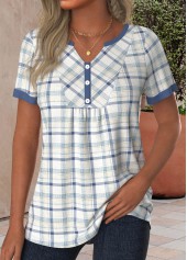 Blue Button Plaid Short Sleeve Split Neck T Shirt