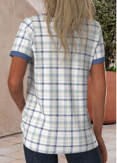 Blue Button Plaid Short Sleeve Split Neck T Shirt | thumb picture 