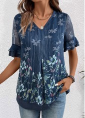 Navy Layered Floral Print Short Sleeve V Neck Blouse | thumb picture 