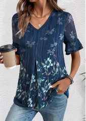 Navy Layered Floral Print Short Sleeve V Neck Blouse | thumb picture 