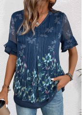 Navy Layered Floral Print Short Sleeve V Neck Blouse