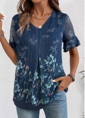 Navy Layered Floral Print Short Sleeve V Neck Blouse | thumb picture 